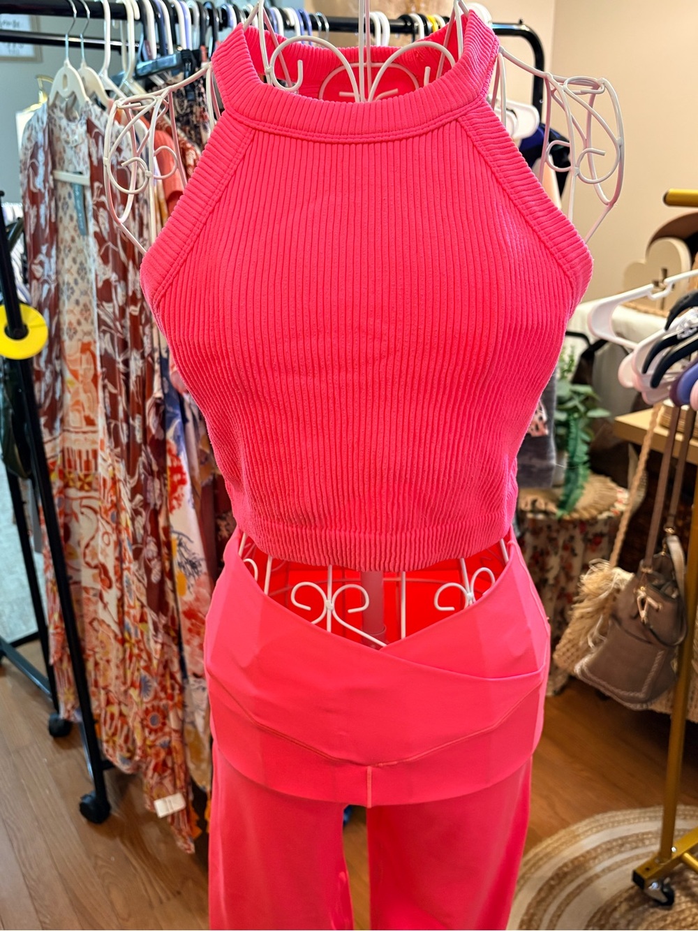 Hot Pink Ribbed Halter Crop Top - Women